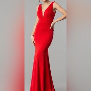 B. Darlin Long Mermaid Style Formal Red Dress Size 3/4 Low Cut Open Back